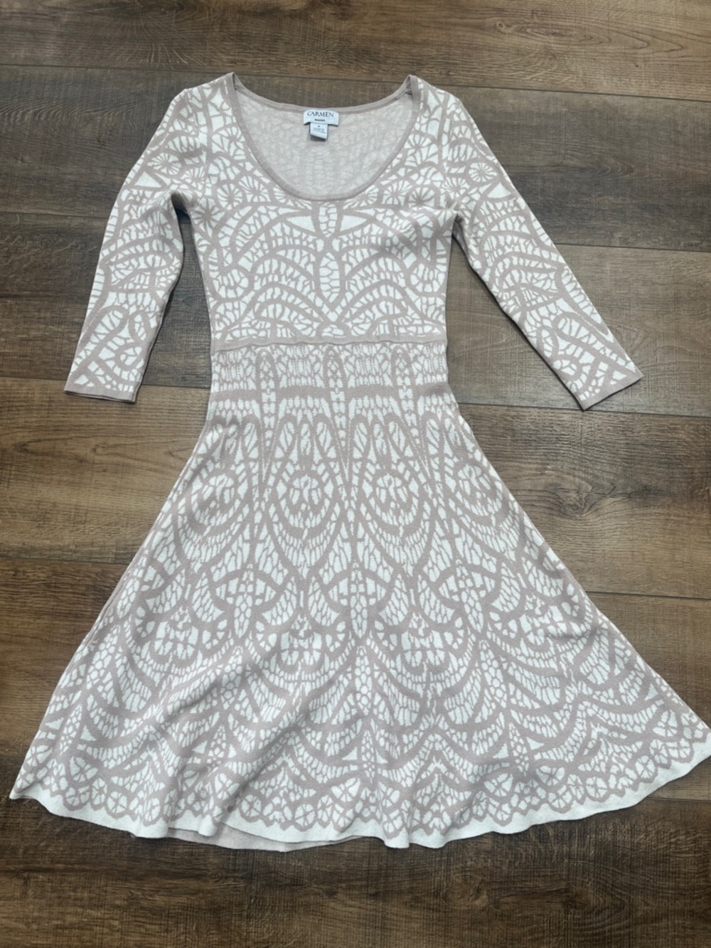 Cozy Taupe & Cream Fit-and-Flare Knit Dress